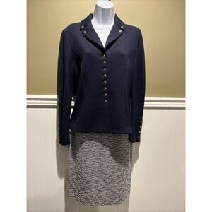 Vtg St John 2pc Skirt Suit Navy Blue Santana Knit Gold Tone Button Jacket Sz 2
